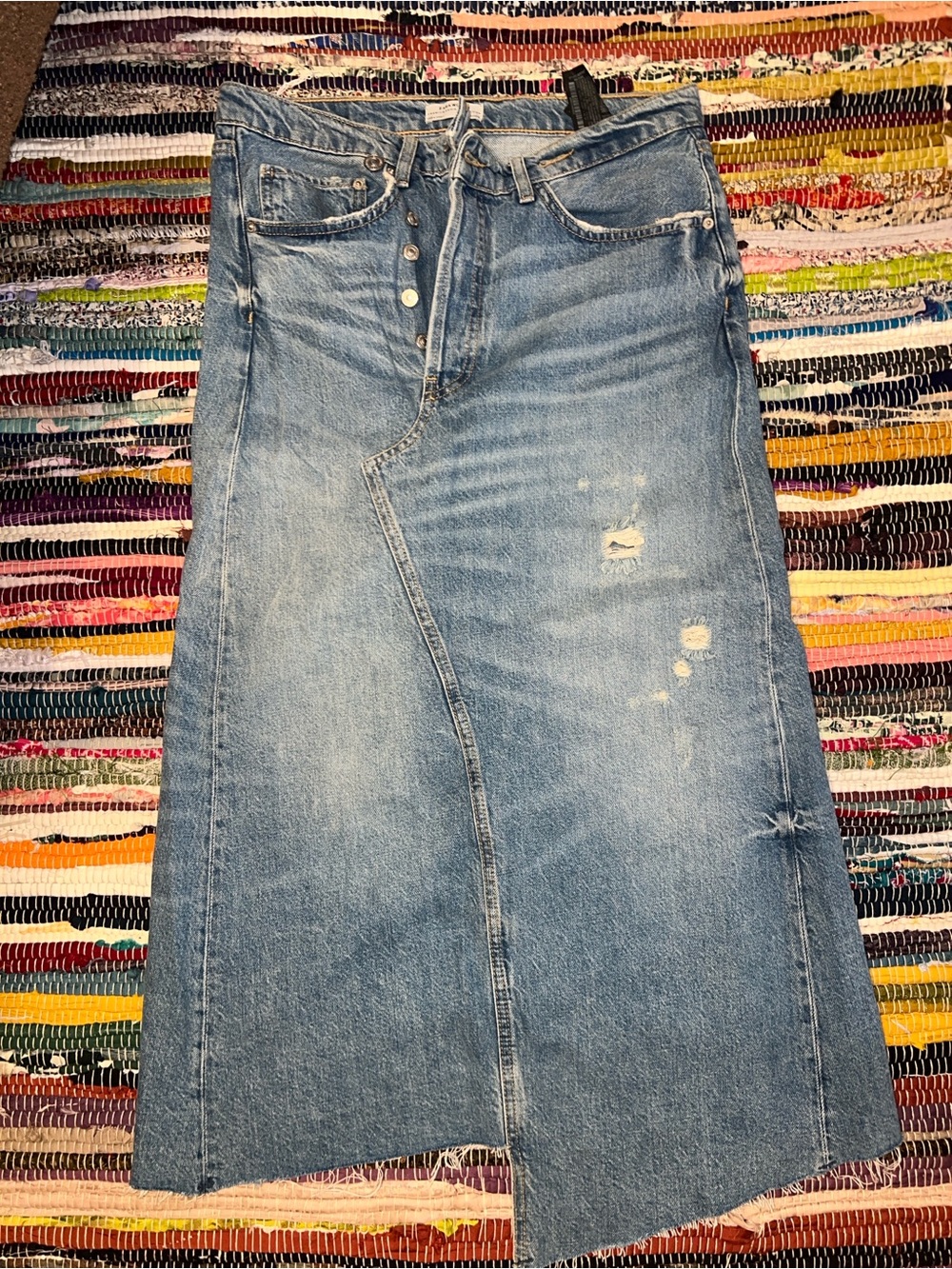 Zara Light Blue Distressed Denim Maxi Skirt